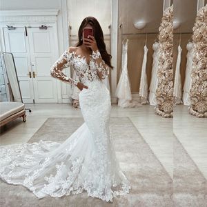 Romantic Flowers Lace Corset Transparent Mermaid Wedding Dresses Elegant Bridal Gown With Train Sleeves Formal Wedding Dress For Bride