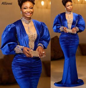 ASO EBI Royal Blue Velvet Women Prom Party Dresses Gorgeous Crystals Beaded Puffy Long SemeVes Special Endan Evening Doughs Mermaid Pleats Formal Wear CL3577