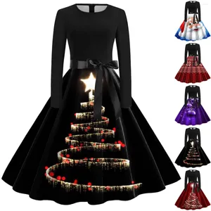 Lässige Kleider Kleid für Frauen Weihnachtsbaum gedruckt Urlaub Weihnachtsfeier Langarm Party Schlanker fit eleganter vestidos