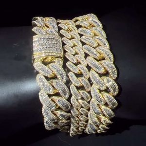 Spectacular Shine Yellow Gold Plated Sterling Sier 20Mm Baguette Moissanite Cuban Link Chain