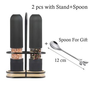 Electric Salt and Pepper Mill Grinders Set Thickness Adjustable Herb Spice with Led Light Visible Container For Kichen 240527