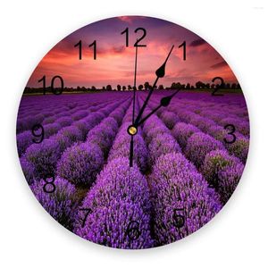 Relógios de parede Purple Lavanda Flor Campo Silent Home Cafe Decoração de escritório para arte de cozinha grande 25cm