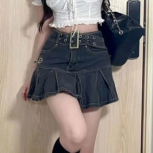 Kadın y2k yaz kısa denim etekler yüksek bel kuşaklı pileli etek jean siyah kadınlar seksi mini mikro şort 240524