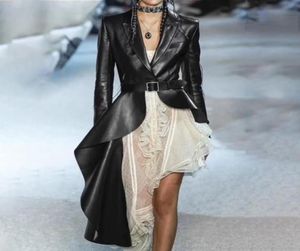 Черная кожаная куртка для женщин осень элегантная длинная рукава нерегулярные хакеты Mujer 2019 Streetwear7271066
