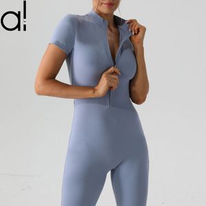 AL Yoga Bodysuit New Zippered Short Sleeve Dance Tight Breathable Aerial Exercise Integrated Quick-dry Jumpsuit Women's Outerwear Fitness Sports Pants