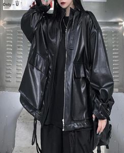 Giacca in pelle PU in stile coreano giapponese sciolto 2021 Autunno Longsleeved Coat Women Punk Rock Jackets Outwear tascabile Women0394269249