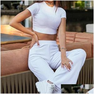 Womens duas peças calças loungewear peças de primeira linha feminino feminino perna largo largo sólido combinando o-pescoço elegante feminino terno entrega de gota dhmqo