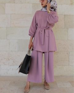 Etniska kläder Dubai Kvinnor Vanlig långärmad bälte toppar byxor 2-stycken Set kaftan muslimska kläder islamisk arabisk mantel abaya kalkon kostym