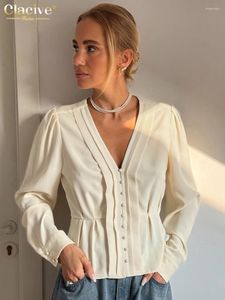 Women's Blouses Clacive Fashion Slim Beige Shirt 2024 Elegant V-Neck Long Sleeve Office Shirts Casual Classic Ruched Top Female Clothing