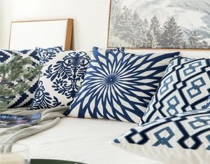 Home Decor Embroidered Cushion Cover Navy BlueWhite Geometric Floral Canvas Cotton Suqare Embroidery Pillow Cover 45x45cm LJ201217166044