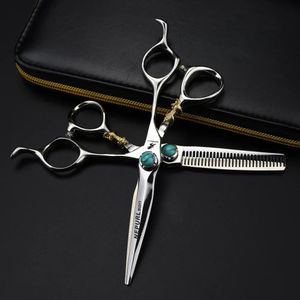 Professional 440C Steel 6 Green Gem Hair ScoSors Cutting Barber Tools Tiger Haircut Thinning Shears Frisör sax 240527