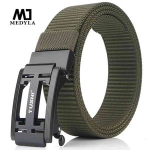 Medyla Mens Military Nylon Belt New Technology Automatic Automatic Buckle Hard Metal Tactical Belt for Men 3mm Soft Real Sports Belt 210310 266p