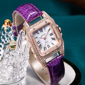 Mixiou 2021 Crystal Diamond Square Smart Women Watch Kolny skórzany pasek Pink Kurka Kwarc Kwarcowe zegarki na nadgarstki Bezpośrednie sprzedaż 282e