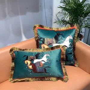 DoubleSided Waist Cushion Cover Luxury Horse Pillowcase Sofa Decoration Retro Tassel Square Living Room 240521