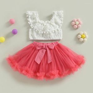 Clothing Sets 1-5years Kids Girl Summer Outfit Solid Color Sleeveless Tops With Plush Ball And Elastic Mesh Tulle Skirt Set For Infant Girls