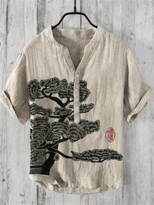 Men's Polos Japanese Art Print Short-sleeved Henley Collar Shirt Summer 2024 Fashion Urban Daily V-neck Large Size