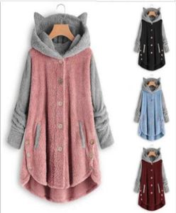 Women's autumn and winter European and Aman buttons hooded cat ears plush coat irregular color matching coat6981859