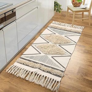 Mattor Boho Kitchen Runner Rug Cotton Tufted Geometric Rugs With Tassels Chic Diamond Farmhouse Hallway Throw Filt