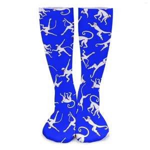 Mulheres meias Monkey Print Blue e White Kawaii Stagens Spring Anti Slip Feminino Feminino Gráfico Confortável Outdoor