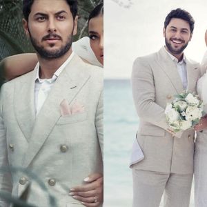 Beige Linen Wedding Tuxedos Men's Suits for Summer Beach Groom Wear 2 Piece Italian Coat Set Jacket with Pants Bespoke Male Fashio 258m