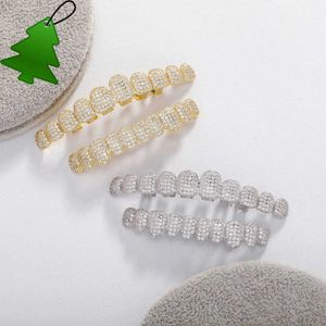 10 зубов золото, покрытые замороженными, Cz Rothety Teeth Grillz Caps Top Lote Grill Set Мужчины Женщины грили для вампиров рок панк аксессуары для мужчин хип -хоп ювелирные изделия