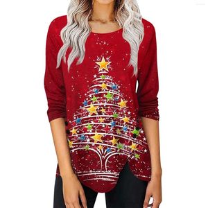 Kvinnors T-skjortor långärmad tunika Löst plus-storlek Topp Plisserad knapp Casual Christmas Print T-shirt Toppar Fashion Simple Women