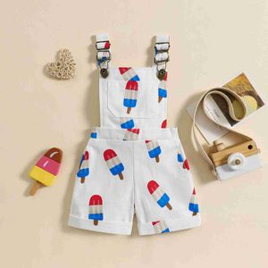 Overalls Rompers FocusNorm 0-6y Little Girl Summer Casual Denim verpackte Eiscreme-gedruckte Ärmeln trägerlose Jeans-Federung für den Independence Day WX5.26