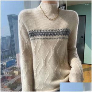 Women Swetery jesień/zimowy sweter w połowie wysokim szyku wełna merynosowa wełna merynosowa