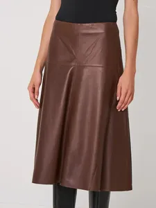 スカート女性レザースカートペンシル美しい茶色の本物のフレアプリーツ