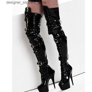 Sandals LAIJIANGJINXIA Womens PU High Heels Over Knee Boots Womens New Autumn/Winter Fashion 15CM Thick Sexy Dance Shoes Q240528