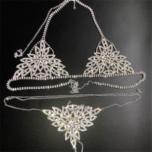 New Sexy Chain Bra Body Jewelry Crystal Bikini Set Beach Lingerie Outfit Harness Bling Thong for Women Holiday T200508 303S