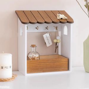 Solid Wood Storage Box with Hooks Key Sundries Holder Rack Japanese Wall Hanging Organizer for Entrance Hallway Decoration 240514