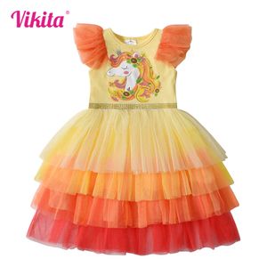 Vikita Kids Summer VestidosフレアスリーブメッシュチュールレイヤープリンセスバースデーパーティーTutuドレスガールズプリントドレス