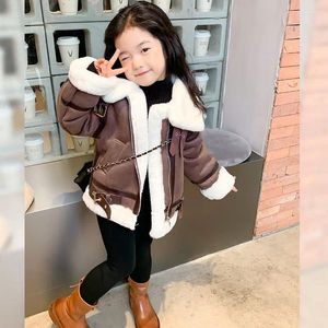 Jackets Baby Girls Woolen Fur Coat Winter Children's Clothes Korean Thickened Plush Warm Turn Down Collar Fashionable 4-12 Years V Taok