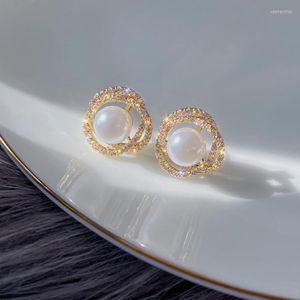 Stud koreansk design mode smycken utsökta zirkon vridna blomma 14k guldörhängen eleganta kvinnor pärla prom party örhängen Studst 253q