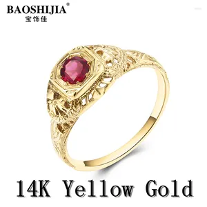 Klusterringar baoshijia kvinnors ädelsten vintage ring verklig solid 14k gul guld antik banning inställning röd turmalin eleganta fina smycken