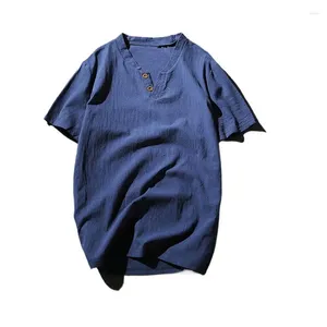 Мужские повседневные рубашки плюс размер хлопковой льня с коротким рукавом с коротким брендом мандарин