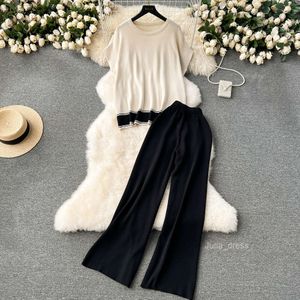 Cold and aloof high-end suit casual loose and slimming top versatile high waisted wide leg pants knitted two-piece set trendy