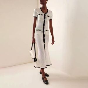 Designer Women's Dress 2024 Spring/Summer Cream White With Black Edge Round Neck Single Breasted Mesh Crochet Elegant Dress