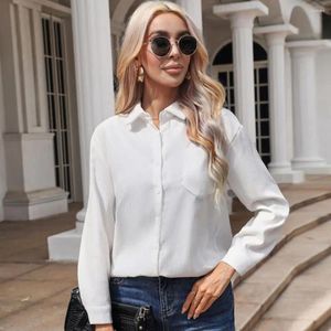 Women's Blouses Women Spring Autumn Lapel Long Sleeve Shirt Tops Patch Pocket Striped Print Loose Fit Single Breasted Streetwear