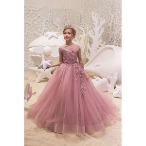 Pink Flower Dress Princess Ball Tulle Backless Floral Appliques Sleeveless Court Train Girl Wedding Pageant Party Gown Bc13057 0528