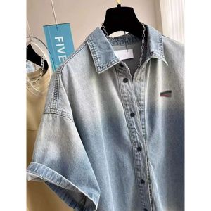 Large 300 Extra Pounds Unisex Summer Casual Embroidered Shirt American Washed Denim Short Sleeved Shirt