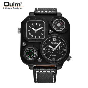 Oulm New Fashion Men's Watches Decorative Compass and Thermometer Quartz Watch Two Time Zone Casual Pu Wristwatch 278i