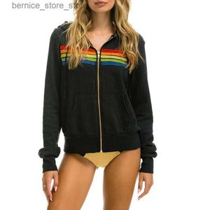 Herrtröjor tröjor 2024 Aviator Nation Women Men Zipper Rainbow Lång ärm Huvtröja Harajuku Elastic Hip Hop 5 Stripe Hoodies Jacka Q240528