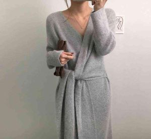 韓国のベルト付きカシミアセータードレス女性オフィスレディvネックニットドレス冬の温かい太いパーティードレスプラスサイズルーズV953 G128358529