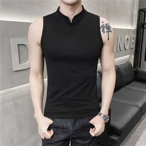 Herr sommar sexig väst liten hög krage andningsbar sport fitness botten underskjorta sexig smal passform tätt ärmlös topp t-shirt 240513