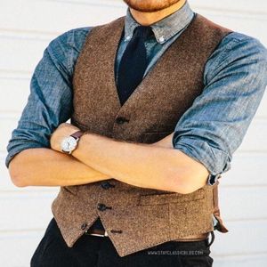 2017 Brown Wool Herringbone Tweed Vest Men's Suit Vests Slim Fit Groom Vests Vintage Wedding Waistcoat Unique Mens Dress Vest Plus 194W