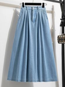 Осень плюс размер джинсовая юбка женщин высокая эластичная талия синяя или небо цвета корейская мода A Line Midi Jeans Юбки 240524