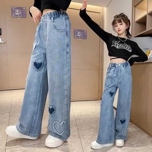 Jeans nya mode tonårsflickor denim breda benbyxor barnbyxor vår och höstens kärleksmönster 5-14 år gamla kläder wx5.27iob8