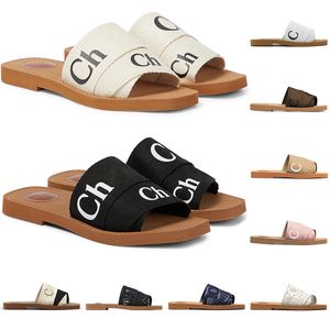 Designer woody sandals women mules flat slides Light Tan Beige White Black Pink Lace Lettering Fabric Canvas slippers womens girls summer outdoors shoes